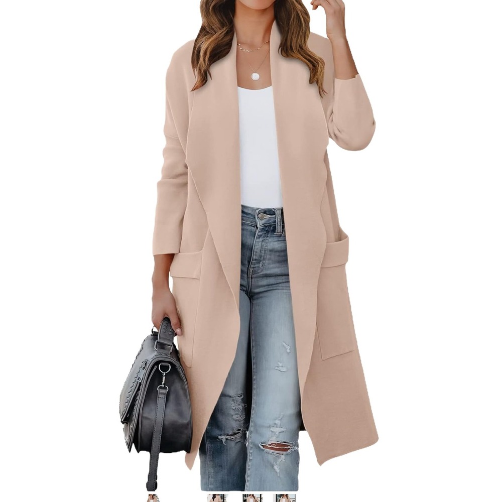 Women's Long Open Front Cardigan Duster Peach Beige Knit Waterfall Drape Pockets